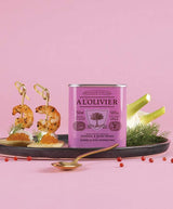 A L'Olivier Fenchel & Rosa Pfeffer-Zubereitung auf Basis von nativem Olivenöl extra, 150ml Dose, dekoriert mit Garnelenhäppchen, Fenchel und rosa Pfefferbeeren