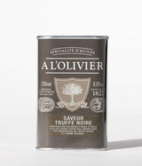 Aromatisiertes Olivenöl mit schwarzem Trüffel von A L'Olivier in dekorativer 250-ml-Metalldose. Feines Gourmetöl mit intensivem Trüffelaroma zum Verfeinern von Pasta, Risotto, Kartoffelgerichten und edlen Vorspeisen.