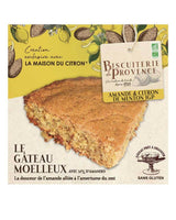 Biscuiterie de Provence Bio Mandelhucken mit Zitrone mit Verpackung vor weißem Hintergrund