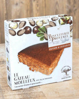 Biscuiterie de Provence Mandelkuchen mit Kastanien (Amande & Châtaigne), glutenfrei, in Verpackung auf Holztisch präsentiert