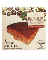 Biscuiterie de Provence Mandelkuchen mit Maronen in Verpackung vor weißem Hintergrund