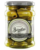 Bornibus Grüne Oliven mit Jalapeño-Füllung im Glas mit silberfarbenem Schraubdeckel.