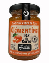 Extra Clementinen-Konfitüre I.G.P. aus Korsika von Charles Antona im 110-g-Glas. Fruchtige Spezialität mit 60 % Fruchtanteil aus korsischen Clementinen. Ideal zum Frühstück, auf Brot, zu Crêpes, Gebäck und feinen Desserts.