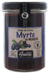 Myrtengelee aus der korsischen Macchia von Charles Antona im 240-g-Glas. Fruchtige Spezialität mit 50 % Fruchtanteil aus korsischen Myrtenbeeren. Ideal als Brotaufstrich sowie als Begleitung zu Käse, Wildgerichten und mediterranen Desserts.