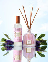 Collines de Provence Patchouli & Tonkabohne mit Raumspray und Duftdiffuser, dekorativ arrangiert mit violetten Blüten