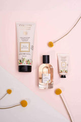 Collines de Provence Pflegeserie Baumwollblüte mit Duschgel, Eau de Toilette und Handcreme, dekorativ arrangiert mit gelben Blüten.