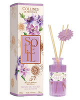 Collines de Provence Raumduft Diffuser Fleur de Soleil in Glaskflakon mit Rattanstäbchen und einer Umverpackung.