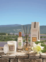 Collines de Provence Duftkerze, Raumspray und Duftdiffuser mit weißer Lilie auf einer Steinmauer vor einer Lavendellandschaft