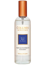 Collines de Provence Raumspray Meeresbrise in transparenter Glasflasche mit kupferfarbenem Verschluss und blauem Etikett