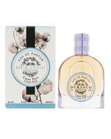 Durance Eau de Parfum Coton Musc 50 ml mit Verpackung und Flakon, sanftes Design mit Baumwollmotiv, freigestellt