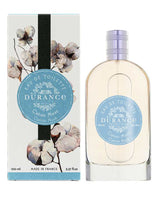 Durance Eau de Toilette Coton Musc 100 ml mit sanftem Baumwoll-Moschus-Duft, Flakon und Verpackung mit Baumwollblüten-Design