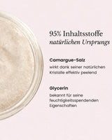 Durance Körperpeeling mit Hinweis auf 95 % natürliche Inhaltsstoffe wie Camargue-Salz und Glycerin