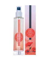 Durance Körperspray Pretty Poppy in transparenter Flasche mit Verpackung und Pumpspender, freigestellt