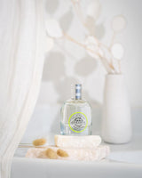 Durance Eau de Parfum Pétillante Verveine 50 ml als Flakon in stilvoller, heller Dekoration mit Naturstein, Trockenblumen und weichem Hintergrund für eine frische, natürliche Duftinszenierung