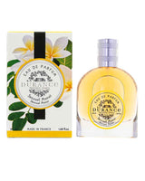 Durance Eau de Parfum Sensuel Monoï 50 ml mit Verpackung und Flakon, warm-goldener Duft inspiriert von exotischen Monoï-Blüten, freigestellt