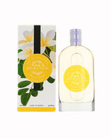 Durance Eau de Toilette Sensuel Monoï 100 ml mit Verpackung und Flakon, exotisch-florales Design mit weißen Blüten, freigestellt