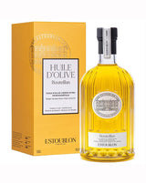 Château d'Estoublon Olivenöl Bouteillan 500ml in geriffelter Glasflasche mit gelber Verpackung, freigestellt auf hellem Hintergrund