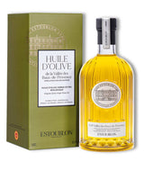 Château d'Estoublon Olivenöl Vallée des Baux de Provence 500ml in geriffelter Glasflasche mit grüner Verpackung, freigestellt