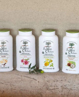 Le Petit Olivier Duschcremes Vanille, Rose, Verbene-Zitrone und Kokosnuss nebeneinander