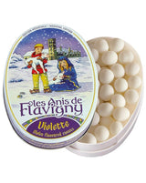 Les Anis de Flavigny Veilchen Bonbons in ovaler Dose, violette X-Mas mit geöffnetem Inhalt