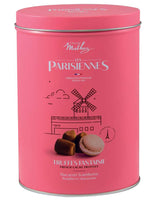 Mathez Les Parisiennes Truffes Fantaisie Macaron Framboise Dose in rosa Design mit Windmühlenmotiv, Himbeer-Macaron und Kakao-Trüffeln
