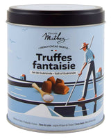 Mathez Truffes Fantaisie Sel de Guérande 250 g Dose mit Meersalz-Geschmack, illustriertem Design und Kakao-Trüffel-Abbildung