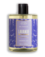 Panier des Sens Duschgel Lavendel 500ml in transparenter Flasche mit lavendelfarbenem Etikett auf hellem Hintergrund.