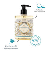 Panier des Sens Flüssigseife Christe Marine mit Pumpspender in transparenter Flasche mit bildlicher Beschreibung
