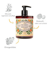 Panier des Sens Flüssigseife Orangenblüte mit Pumpspender und Hinweis auf natürliche Inhaltsstoffe