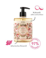 Panier des Sens Flüssigseife Rose mit Pumpspender und Hinweis auf natürliche Inhaltsstoffe