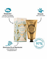 Panier des Sens Handcreme Criste Marine mit Verpackung und Tube sowie Darstellung der Inhaltsstoffe wie Sheabutter, Olivenöl und ätherisches Öl des Meerfenchel, 97 % natürliche Inhaltsstoffe