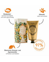 Panier des Sens Handcreme Provence mit Verpackung und Tube, Darstellung der Inhaltsstoffe Sheabutter, Olivenöl und ätherische Zitronenöle sowie Hinweis 97 Prozent natürlich