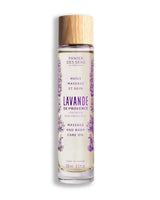 Panier des Sens Massage- und Körperöl Lavendel aus der Provence 100ml in eleganter Glasflasche mit Holzverschluss und floralem Lavendeldesign im provenzalischen Stil