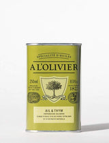 A L'Olivier Olivenöl mit Knoblauch und Thymian, 250ml Dose vor hellem Hintergrund – natives Olivenöl extra mit natürlichen Extrakten von Knoblauch und Thymian für mediterrane Gerichte, Grillgemüse, Fleisch, Kartoffeln und aromatische Marinaden
