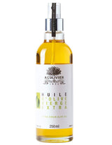 Natives Olivenöl extra von A L'Olivier in einer eleganten 250-ml-Glasflasche mit praktischem Sprühkopf. Hochwertiges kaltgepresstes Olivenöl für die feine Dosierung beim Verfeinern von Salaten, Gemüse, Fisch, Fleisch und mediterranen Gerichten.