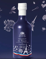 A L'Olivier natives Olivenöl aus Frankreich, 250ml Glasflasche vor illustriertem Hintergrund