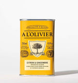 A L'Olivier Olivenöl mit Zitrone und Ingwer, 250ml Dose vor hellem Hintergrund – natives Olivenöl extra mit natürlichen Extrakten von Zitrone und Ingwer für Fischgerichte, asiatische Rezepte, Meeresfrüchte, Gemüse und frische Salatdressings