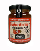 Extra Konfitüre aus Pfirsich und Aprikose mit korsischem Honig A.O.P. von Charles Antona im 110-g-Glas. Fruchtige Spezialität mit 60 % Fruchtanteil, ideal zum Frühstück, auf Brot, zu Crêpes, Gebäck und feinen Desserts.