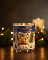 Collines de Provence Duftkerze Winterblüte mit winterlichem Karussellmotiv und Weihnachtsbeleuchtung