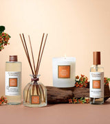 Collines de Provence Duftkollektion Sandelholzblüte mit Duftkerze, Duftdiffuser, Raumspray und Nachfüllung auf natürlichen Holzelementen