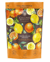 Nachfüllpack refill flüssigseife duftrichtung zitrusfruechte von collines de provence vorderansicht vor weißem hintergrund