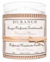 Durance handgefertigte Duftkerze Fleur de Musc (Moschusblüte), 180g im Glas mit Riffelpappe-Manschette und Bastschleife