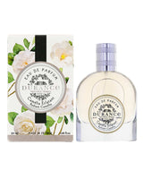 Durance Eau de Parfum Camélia Éclatant 50 ml mit Verpackung und Flakon, elegantes florales Design mit Kamelienblüten, freigestellt