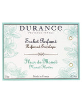 Durance Duftbeutel Monoi-Blüte, Verpackung mit tropischen Blütenillustrationen freigestellt