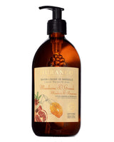 Durance Flüssigseife Mandarine & Granatapfel in brauner Pumpflasche mit Mandarinen- und Granatapfelillustration