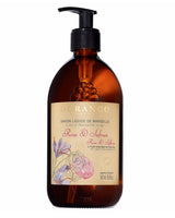 Durance Flüssigseife Rose & Safran 500ml in brauner Flasche mit Pumpspender, freigestellt auf hellem Hintergrund