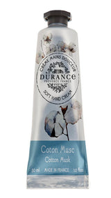 Durance Handcreme Baumwoll Moschus mit Baumwollmotiv in silberner Tube, 30 ml