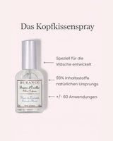 Durance Kopfkissenspray Lavendel mit Bulletpoints für Vorteile des Sprays im Bild