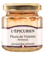 L'Épicurien Veilchenblüten-Gelee aus der Provence im Glas mit goldfarbenem Schraubdeckel.