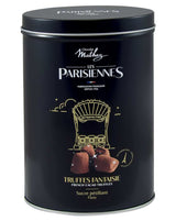 Mathez Les Parisiennes Truffes Fantaisie Knisterzucker 250 g Dose in schwarzem Design mit goldener Illustration und Kakao-Trüffeln